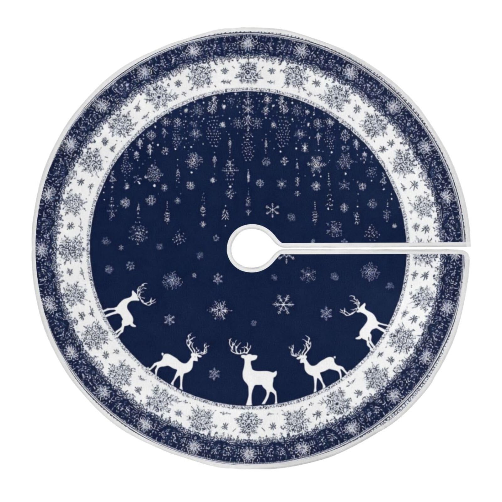 Christmas Tree Skirt Blue White Snowflake Reindeer Plush 47 Inch Winter Holiday