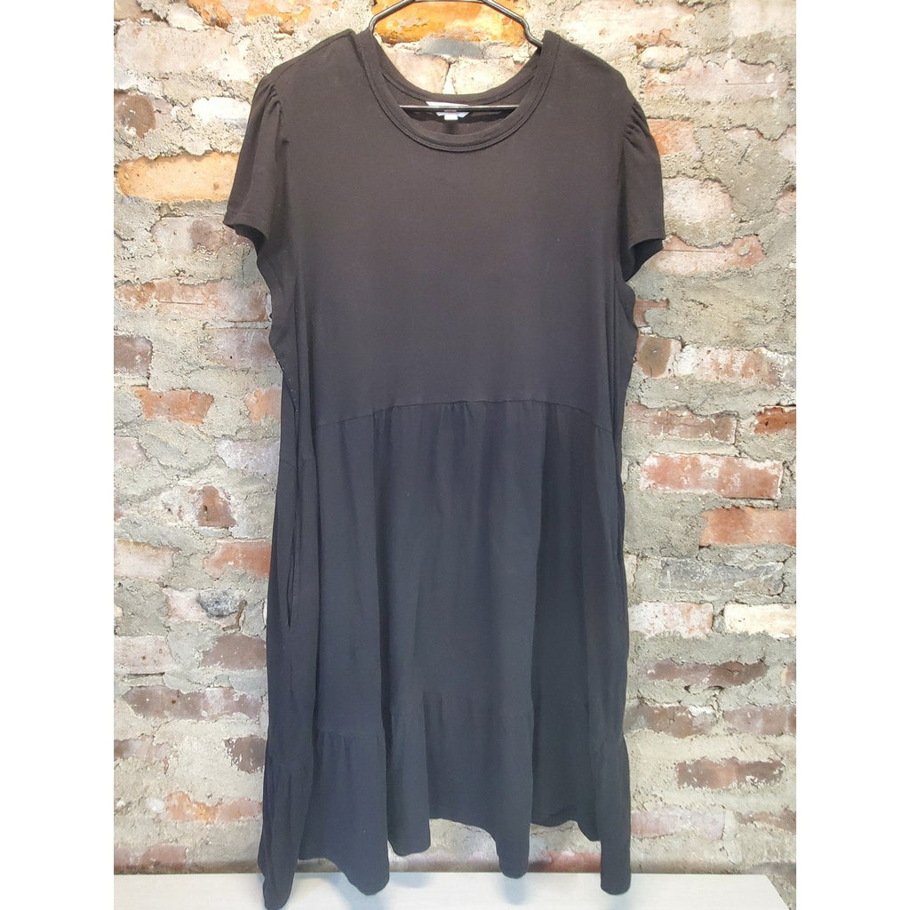 TIME & TRU Womens T Shirt Puff Sleeve Tiered Dress XXL 20 Black Pockets Casual