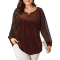 SCOMONCHIC Womens Plus Size 3XL Brown Ribbed V Neck Blouse Top Sparkle Sleeve