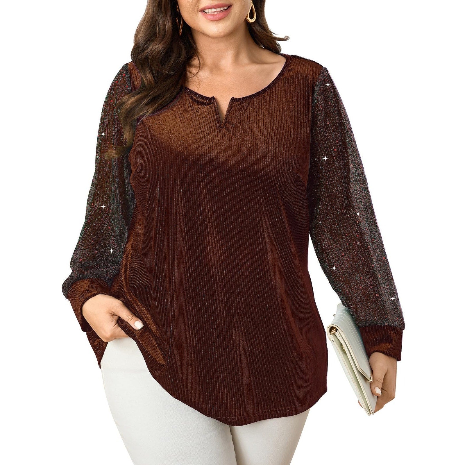 SCOMONCHIC Womens Plus Size 3XL Brown Ribbed V Neck Blouse Top Sparkle Sleeve