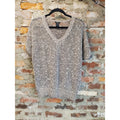 Ann Taylor Womens Open Knit Sweater M Cream Beige Metallic V Neck Short Sleeve