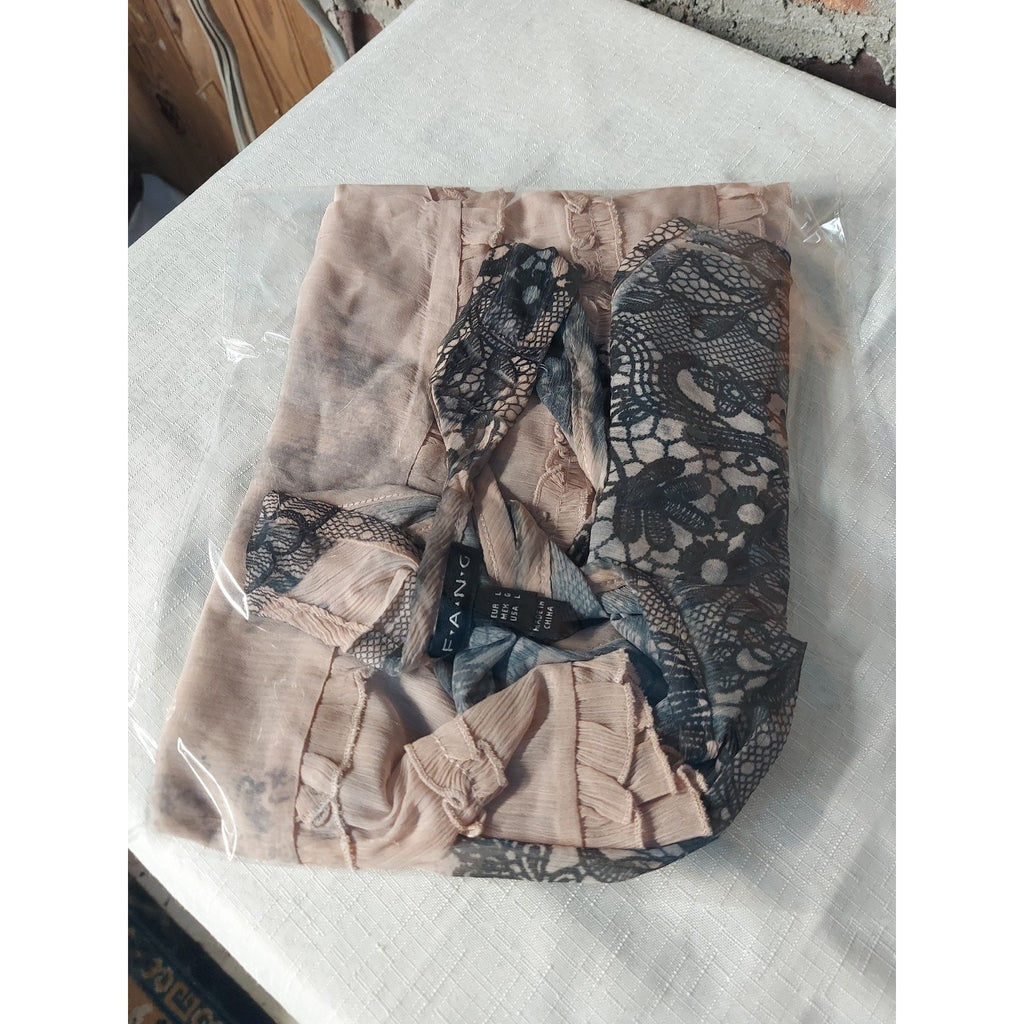 FANG Womens Tank Top L Blush Pink Black Lace Overlay Ruffled Hem Sheer