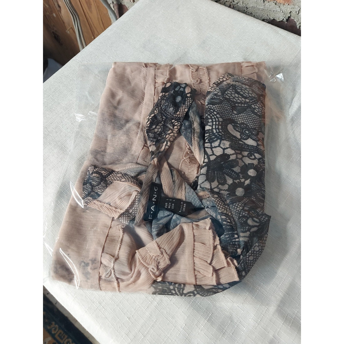 FANG Womens Tank Top L Blush Pink Black Lace Overlay Ruffled Hem Sheer
