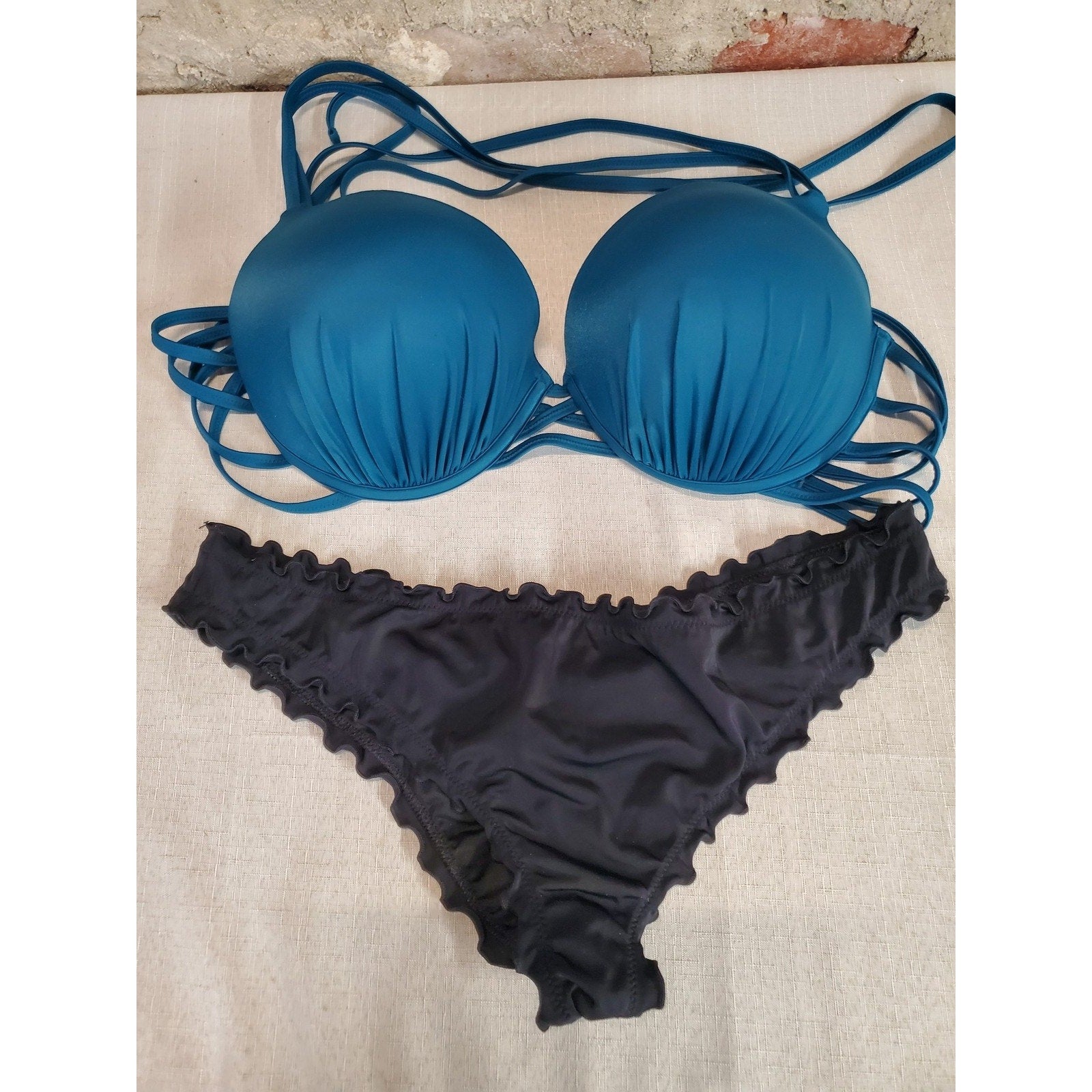 Shade Shore Womens Bikini Set L Teal Black Padded Strappy Ruffle Swimsuit 36DD