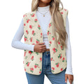 Womens Sz XL Sherpa Fleece Vest Cream Floral Print Sleeveless Open Front New