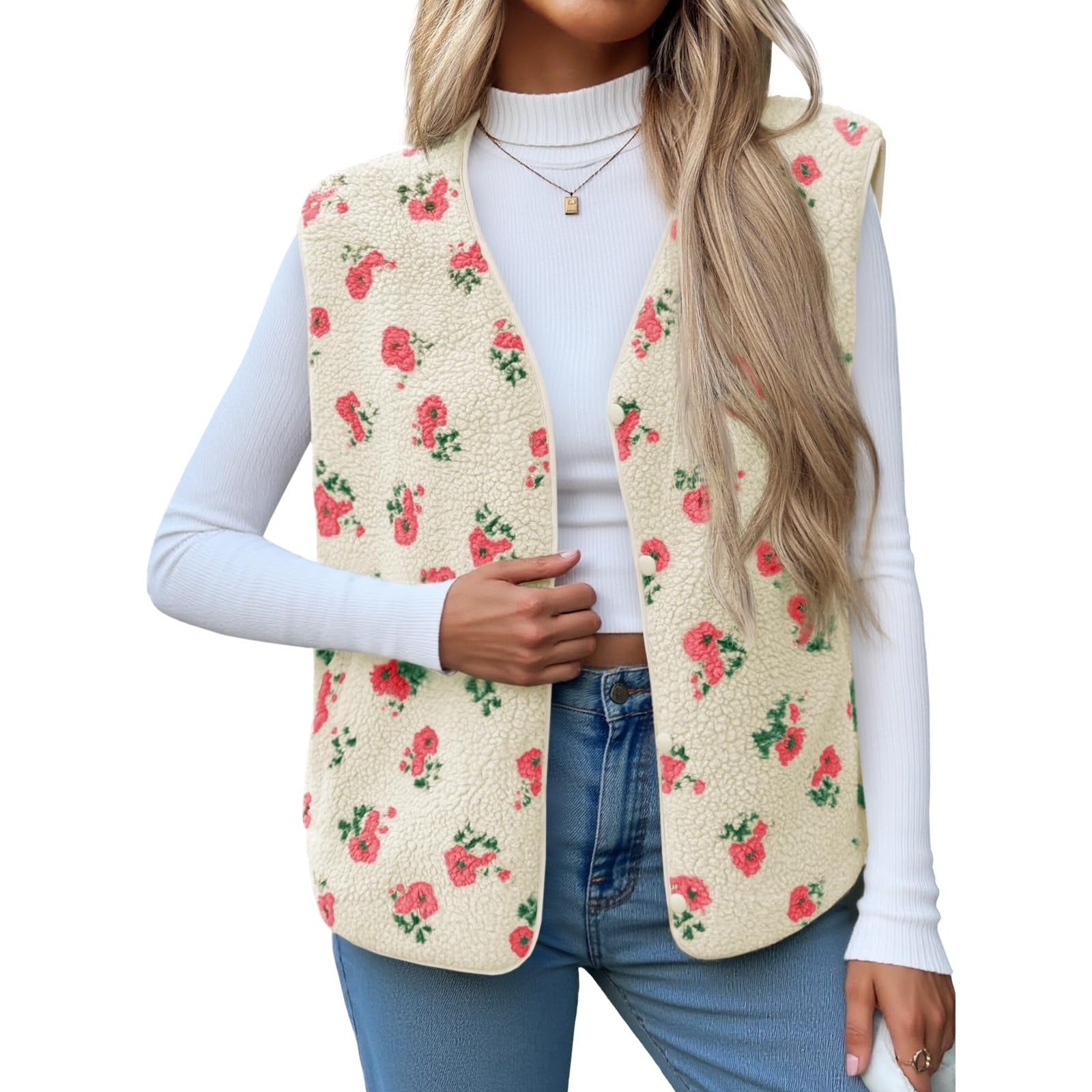 Womens Sz XL Sherpa Fleece Vest Cream Floral Print Sleeveless Open Front New
