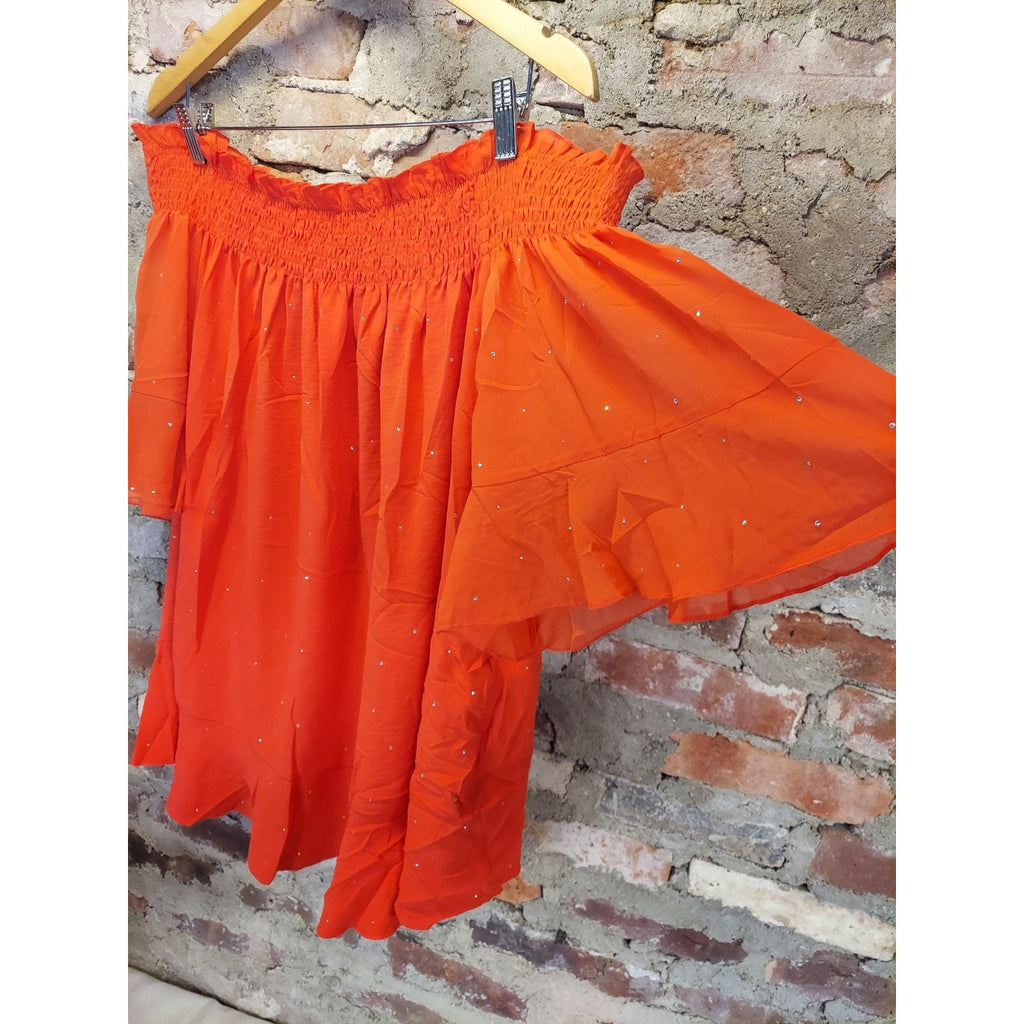 SCOMCHIC Womens Off Shoulder Blouse 3XL Orange Smocked Neck Flutter Sleeve