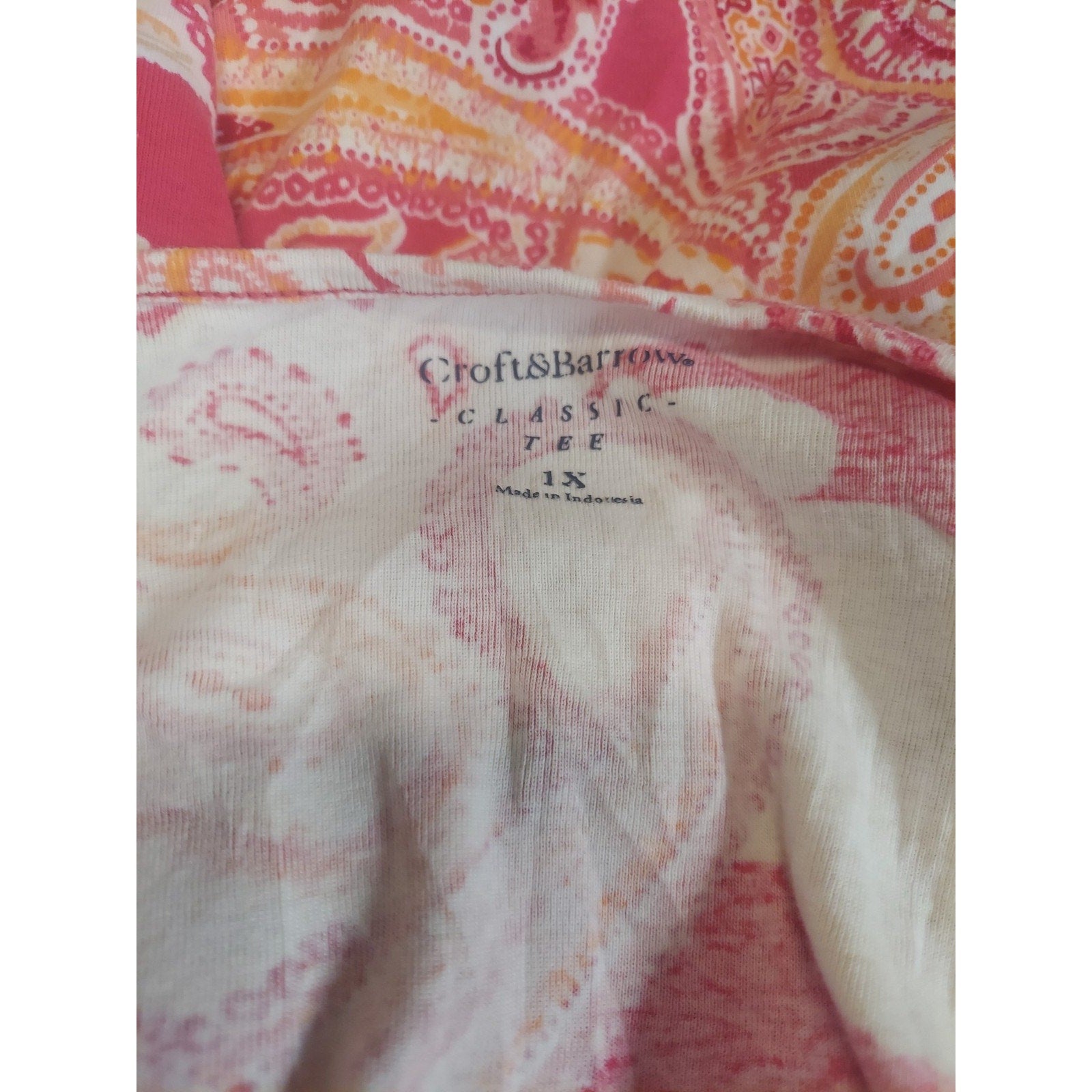 Croft & Barrow Womens Classic Tee 1X Pink Orange White Paisley Henley Shirt