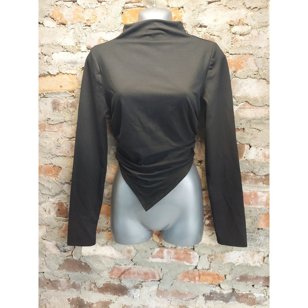 Womens Black Bodysuit Mock Neck Long Sleeve Asymmetrical Wrap Top Size S Stretch