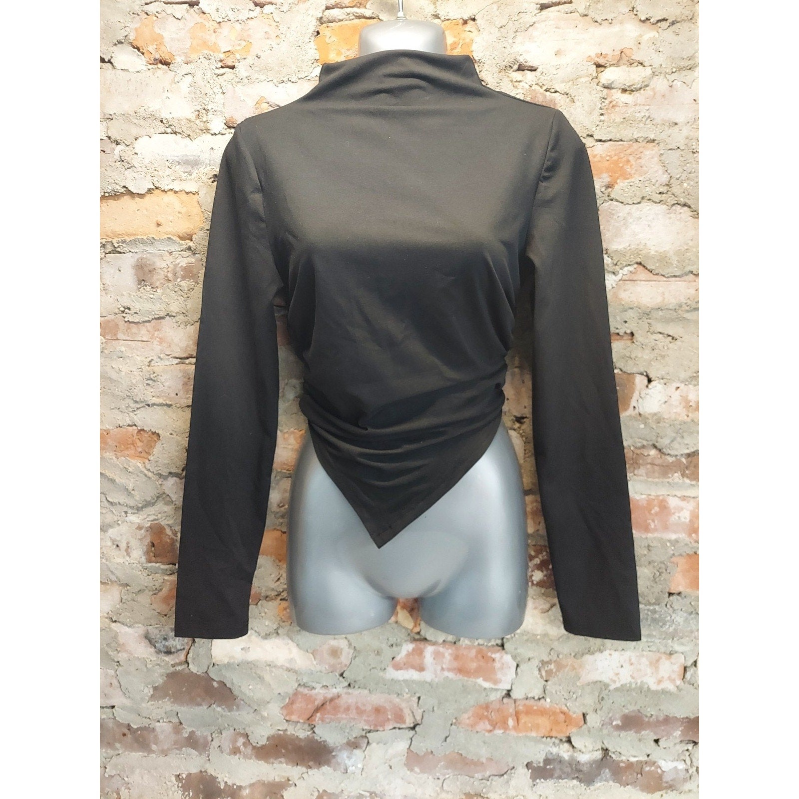 Womens Black Bodysuit Mock Neck Long Sleeve Asymmetrical Wrap Top Size S Stretch
