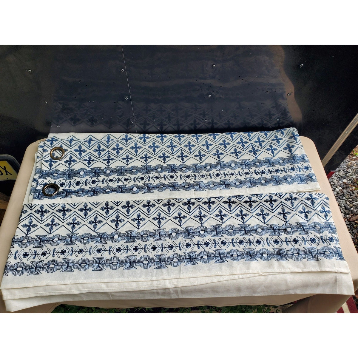 Bohemian Embroidered Grommet Top Window Curtain Panels Pair Blue Cream Geometric