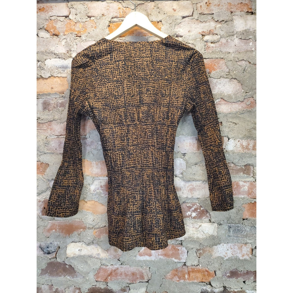 Fred David Stretch Womens Long Sleeve Blouse L Brown Black Print Polyester