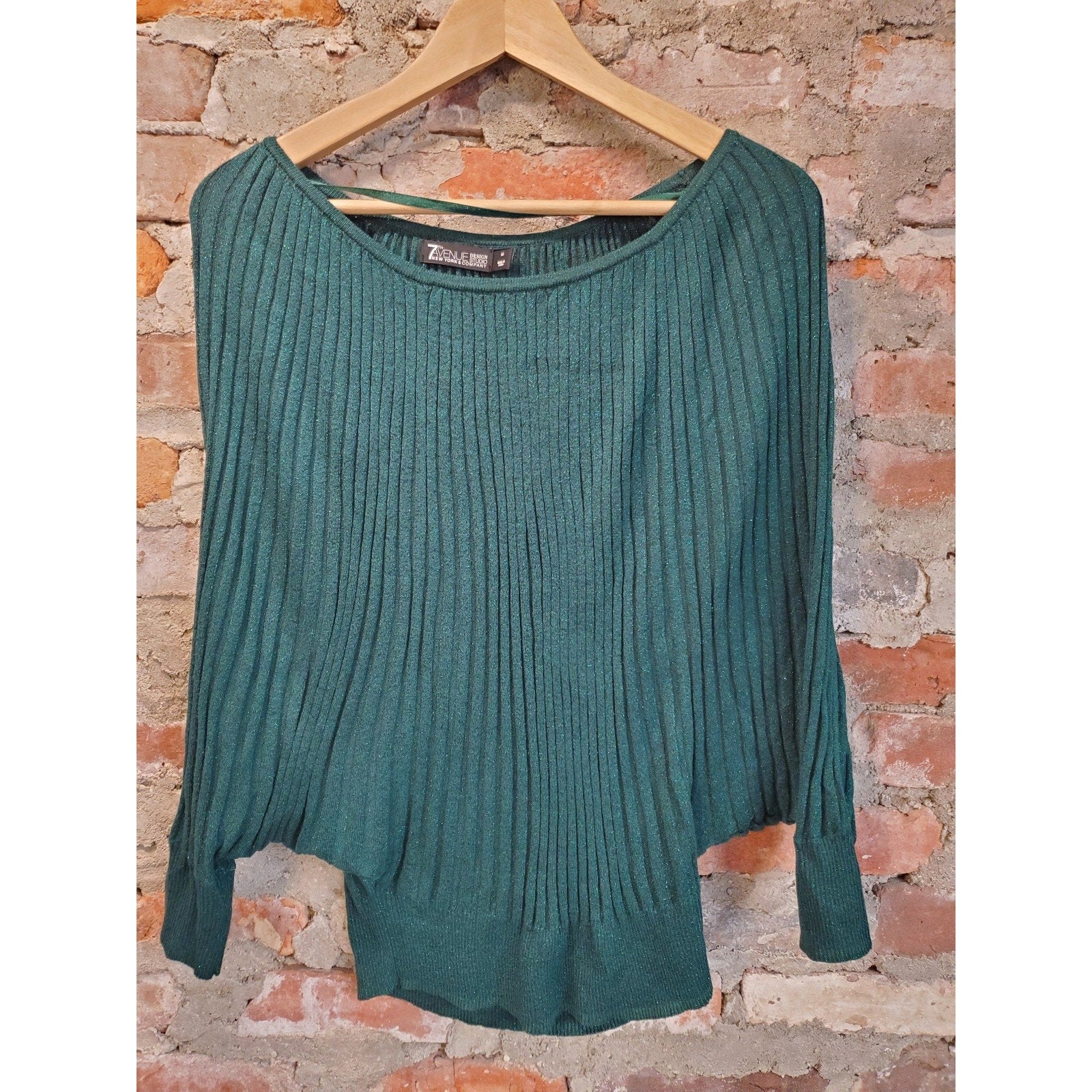 7th Avenue New York Company Womens Emerald Green Shimmer Ribbed Dolman Sweater M