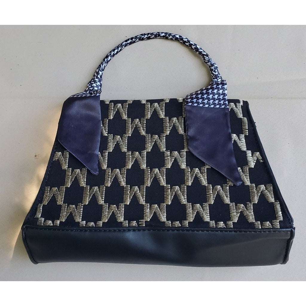 Womens Handbag Satchel Monogram Pattern R Hardware Navy Gold Scarf Detachable