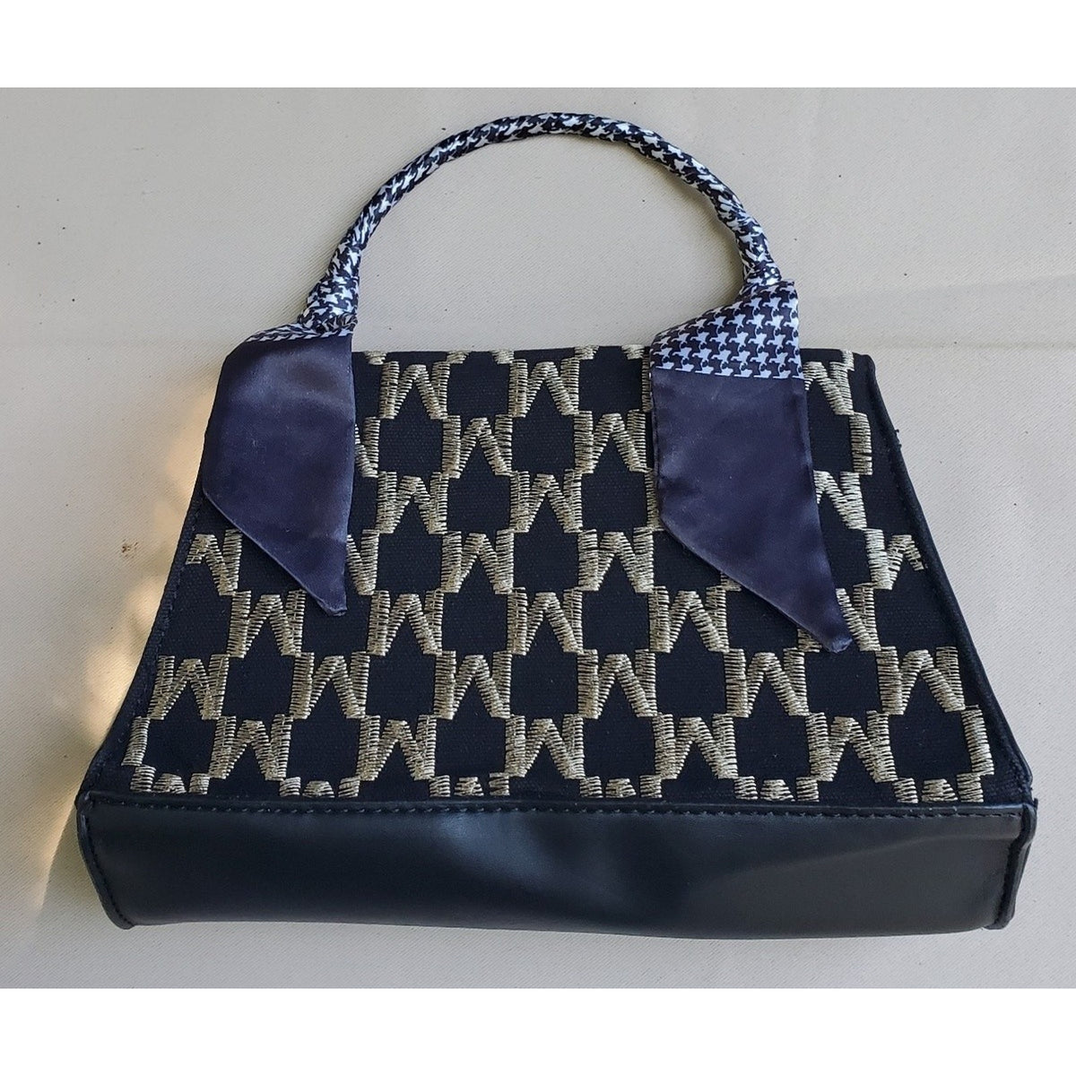 Womens Handbag Satchel Monogram Pattern R Hardware Navy Gold Scarf Detachable