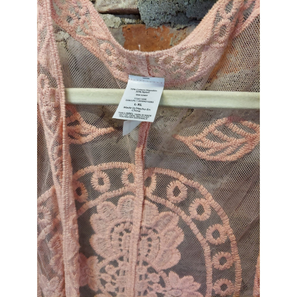 Time and Tru Womens L XL Blush Pink Floral Lace Kimono Duster Cardigan