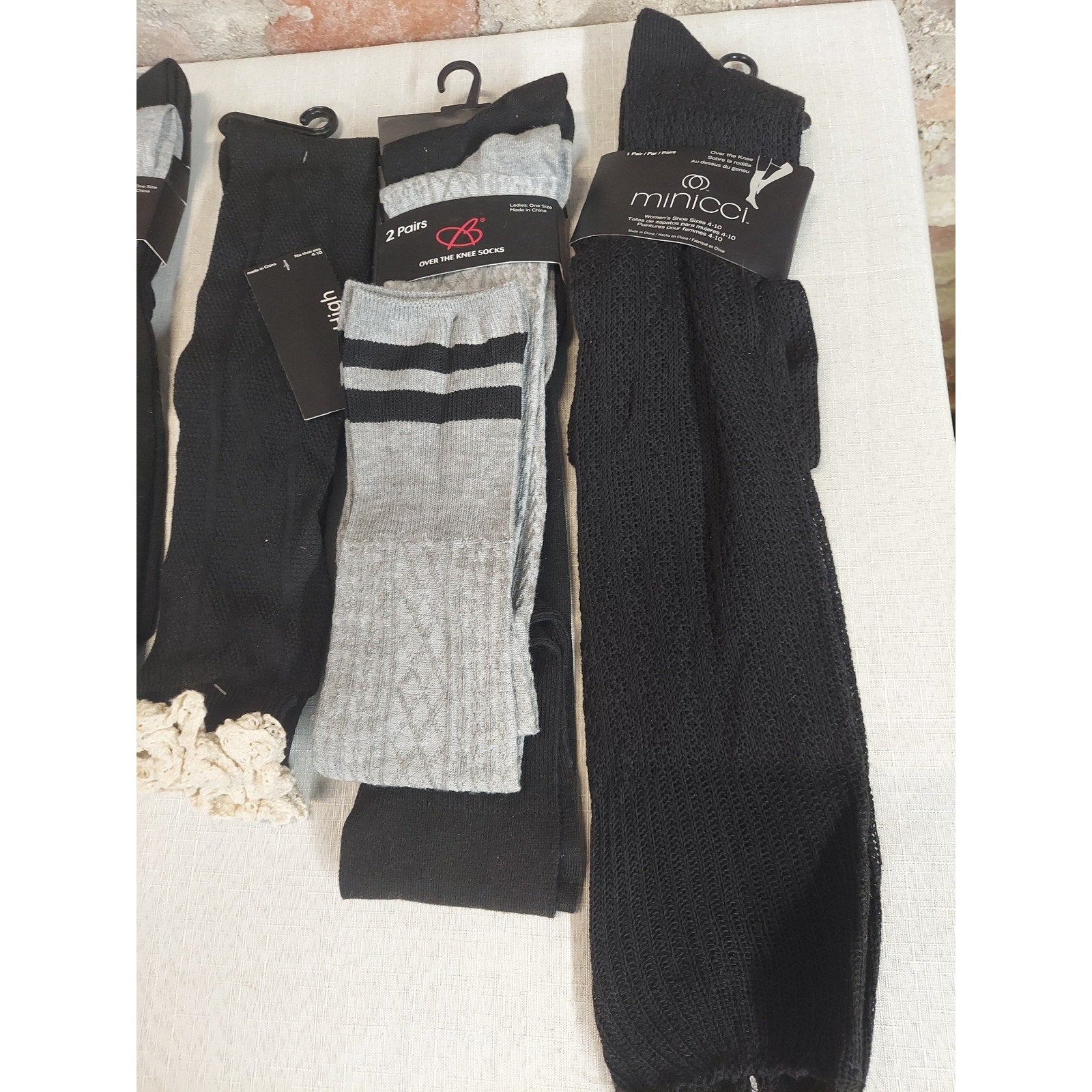 Womens Socks Lot 5 Pairs Over Knee High Black Gray Striped Lace Top Shoe Size