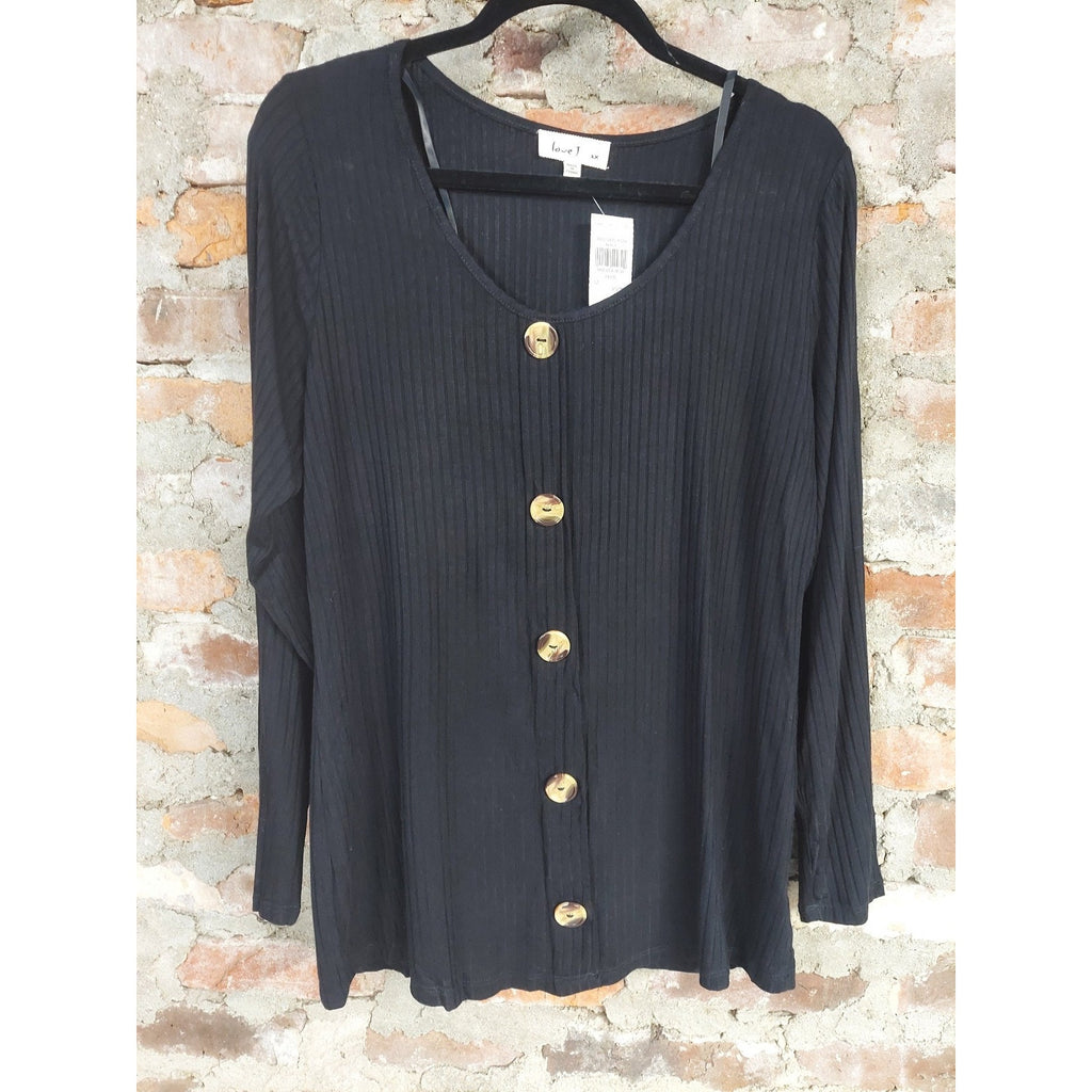 Love J Womens Long Sleeve Ribbed Button Front Top 2X Plus Black NWT