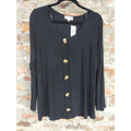 Love J Womens Long Sleeve Ribbed Button Front Top 2X Plus Black NWT