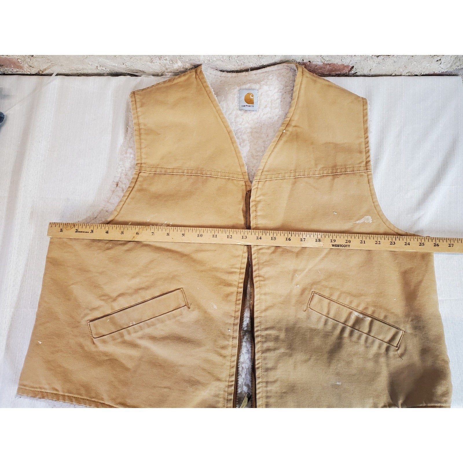 Carhartt Mens Vest Sherpa Lined Full Zip Work Duck Canvas Durable Tan