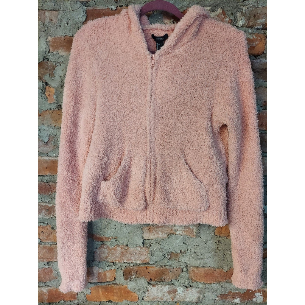 FOREVER 21 Womens Fuzzy Full Zip Hoodie Jacket L Pink Cropped Sherpa