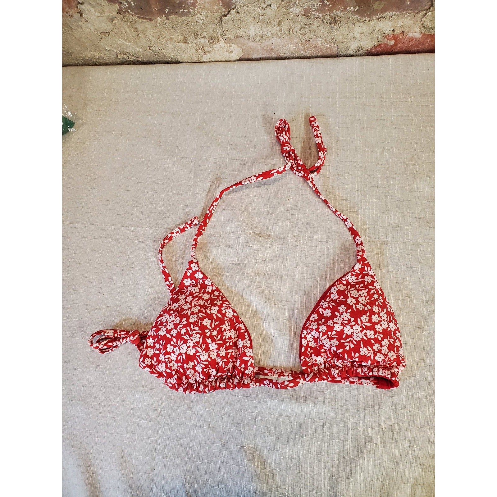 BERLOOK Womens Bikini Top XS Red White Floral Triangle Halter Tie Swim