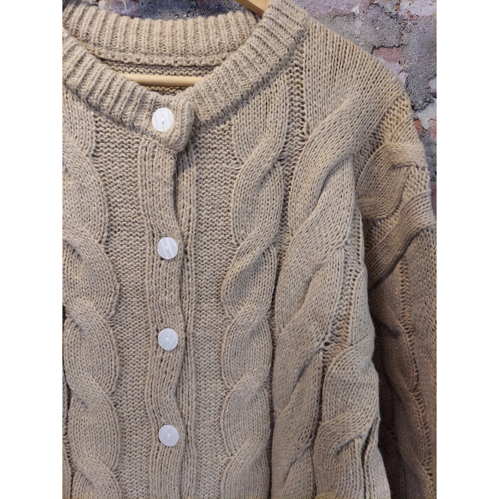 Womens Cable Knit Button Up Cardigan M Khaki Long Sleeve Sweater