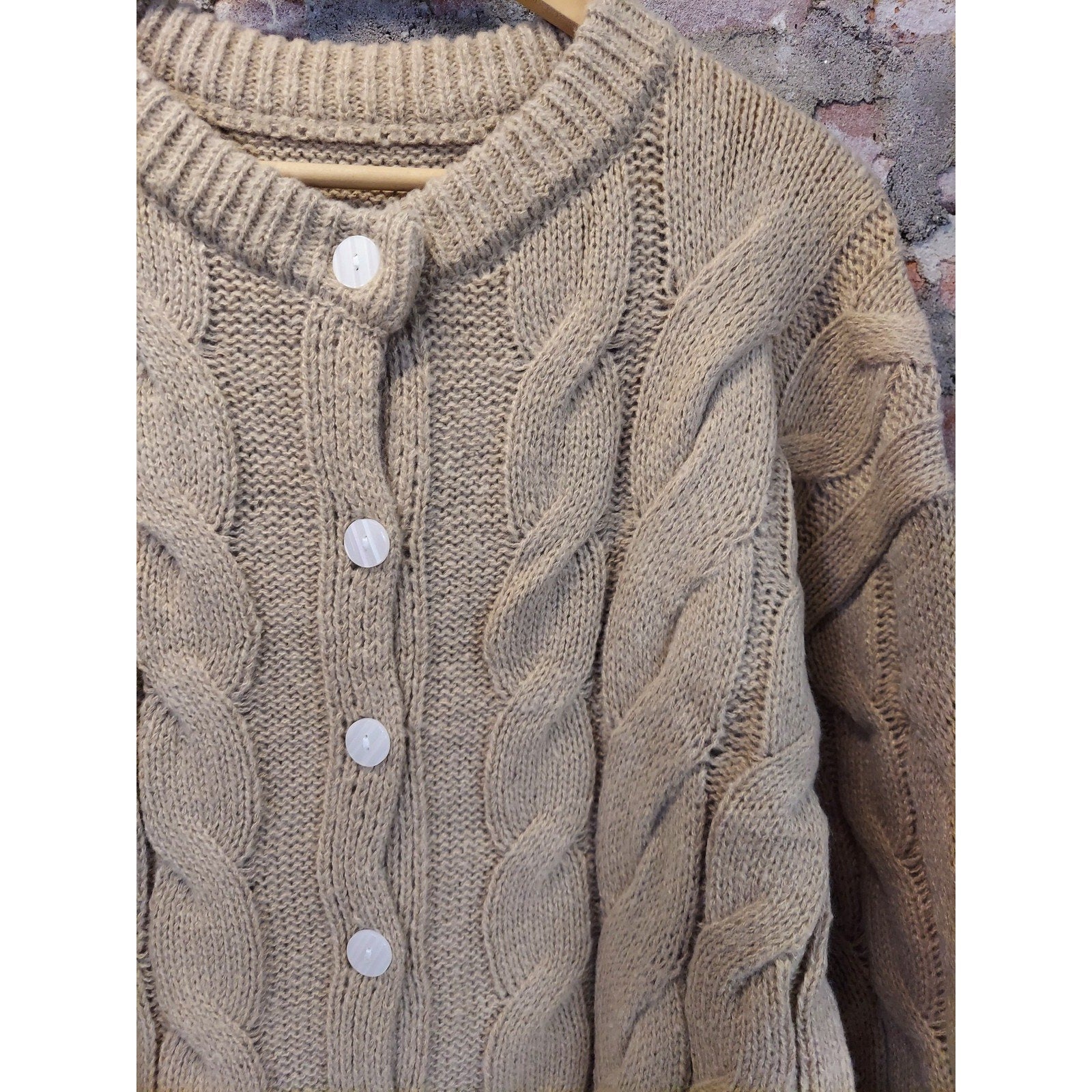 Womens Cable Knit Button Up Cardigan M Khaki Long Sleeve Sweater