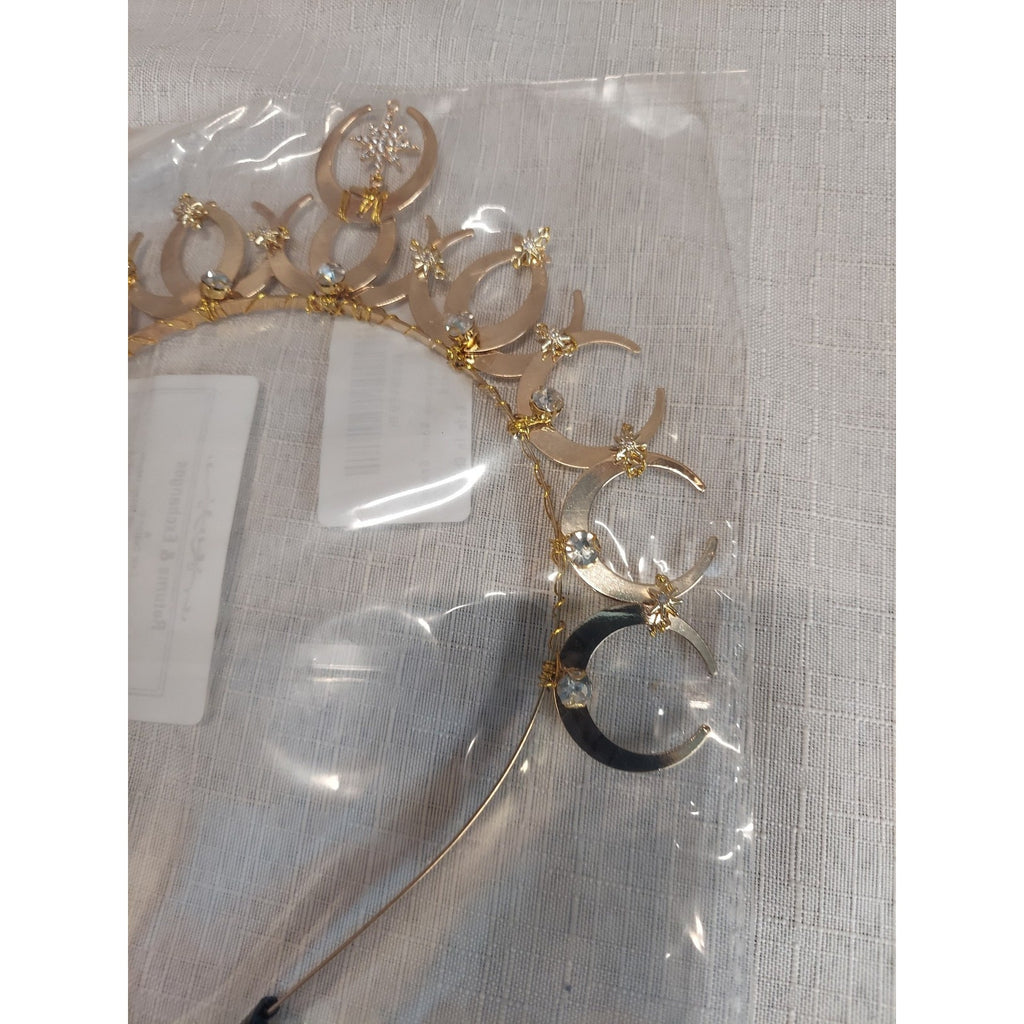 Celestial Moon Star Headband Tiara Gold Rhinestone Cosplay Wedding Prom Hair