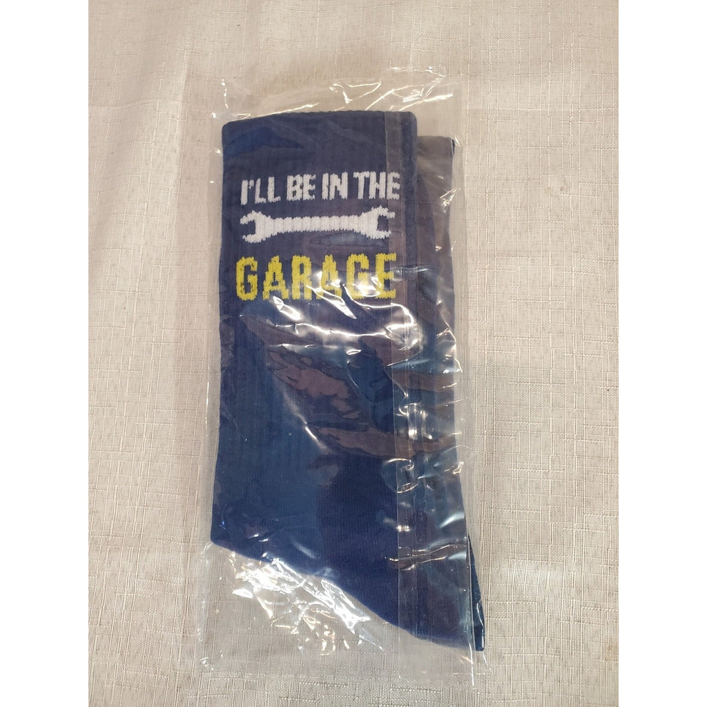 Mens Socks Ill Be In The Garage Wrench Graphic Blue Yellow Funny Mechanic
