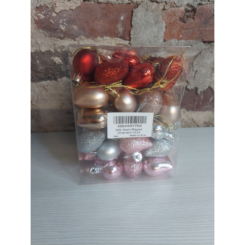 Christmas Ornaments Heart Shaped Set Multicolor Red Gold Silver Pink Glitter