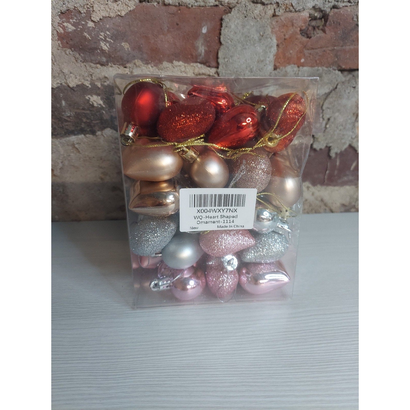 Christmas Ornaments Heart Shaped Set Multicolor Red Gold Silver Pink Glitter