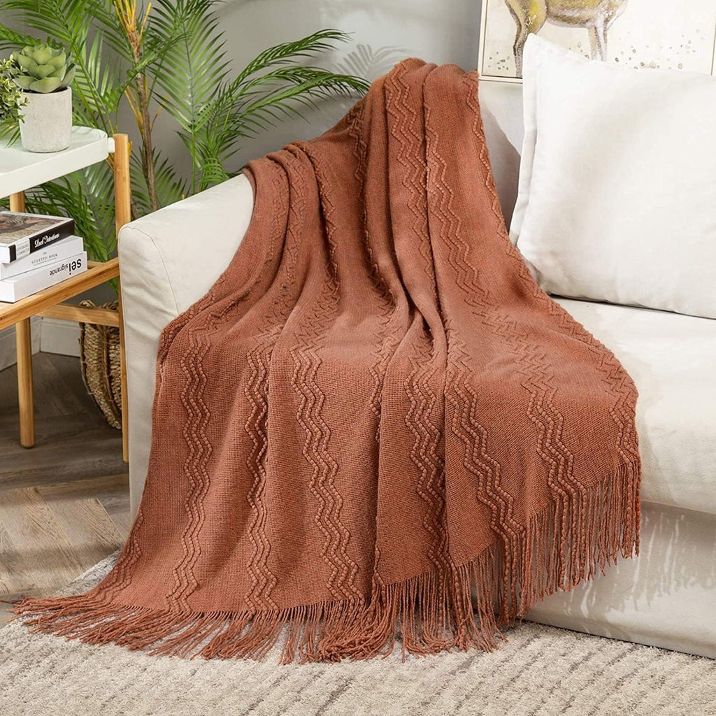 Rust Orange Throw Blanket Textured Chevron Fringe Pattern Soft Cozy