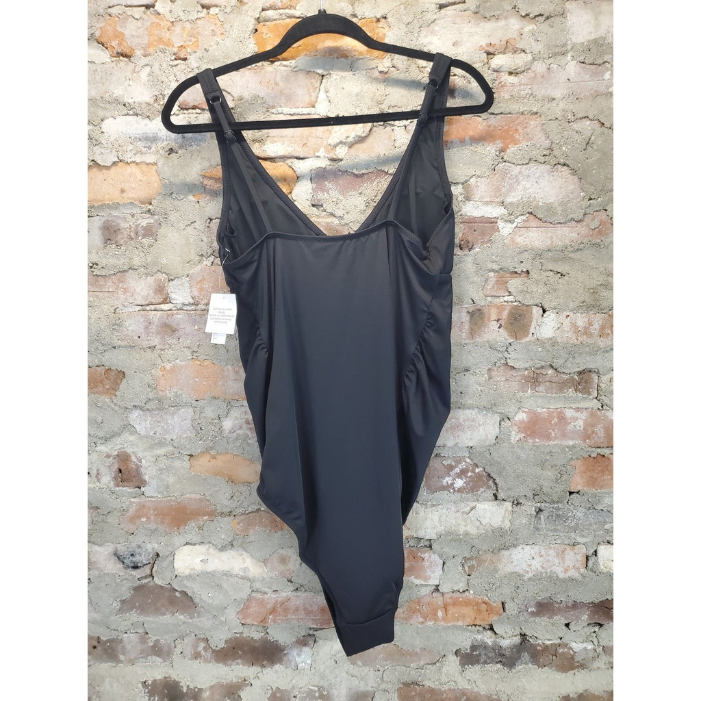 Womens One Piece Bathing Suit Swimsuit Large Black V Neck Ruched Sides New With