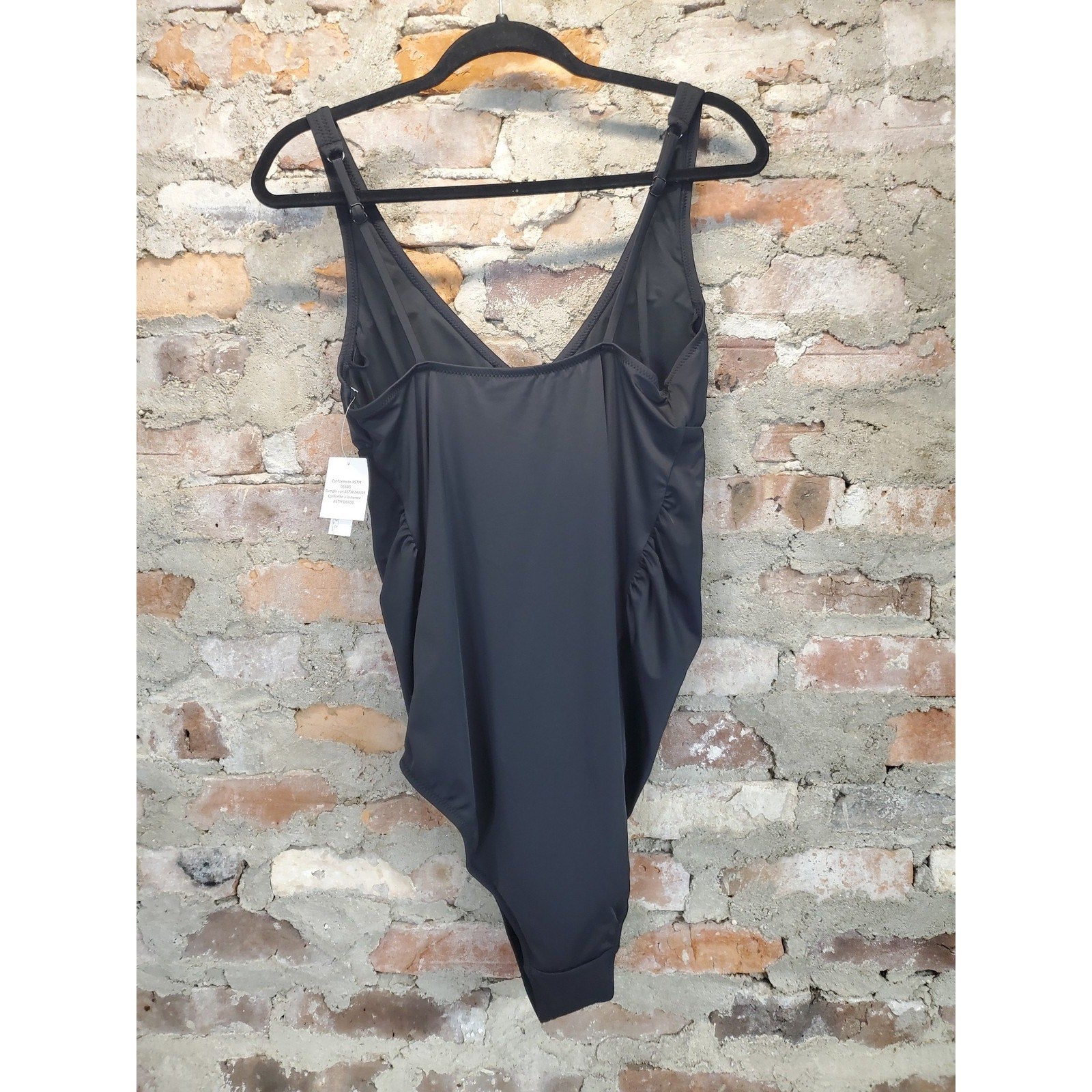 Womens One Piece Bathing Suit Swimsuit Large Black V Neck Ruched Sides New With