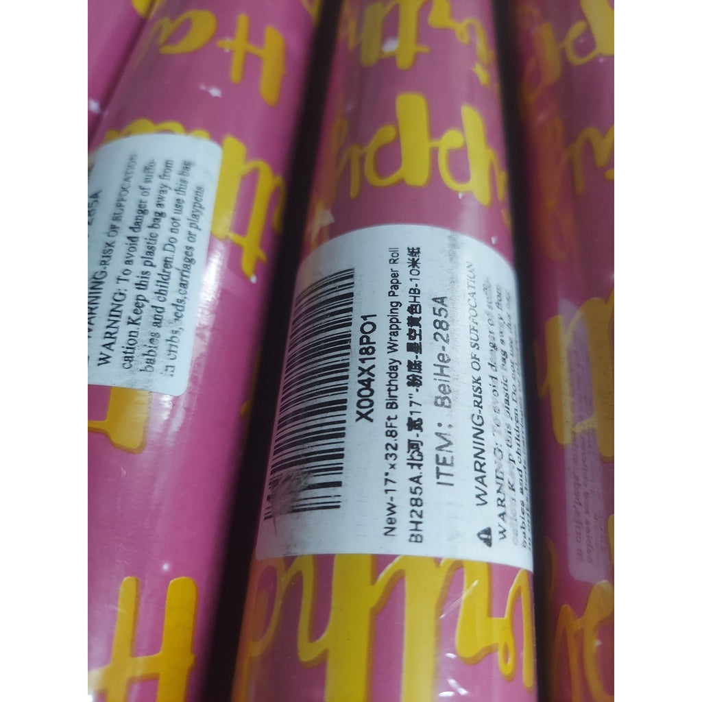 BeiHe Happy Birthday Wrapping Paper Roll Pink Gold Stars 17 Inch x 32.8 ft