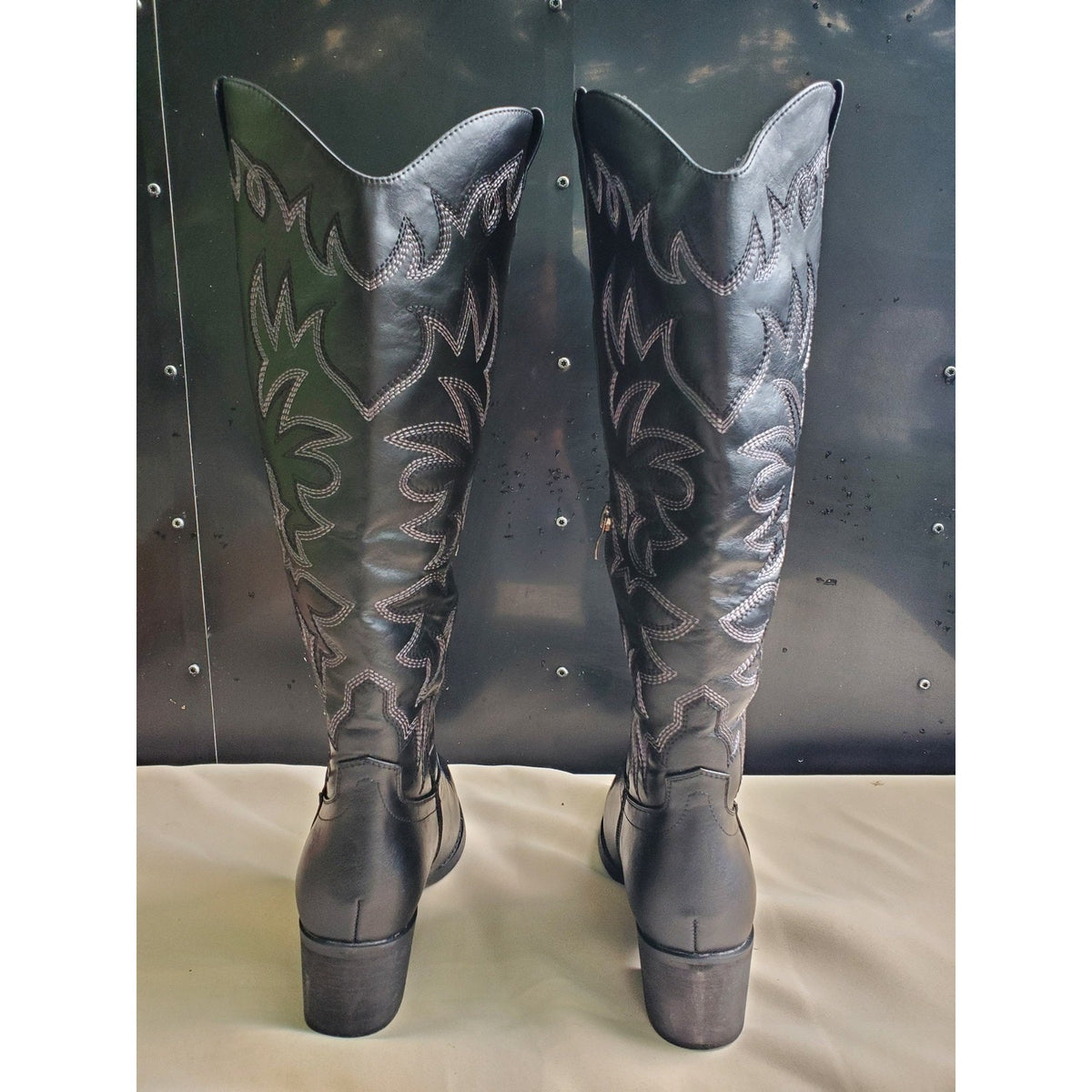 TLV Womens Cowboy Western Boots Size 7 Black Knee High Embroidered Pointed Toe