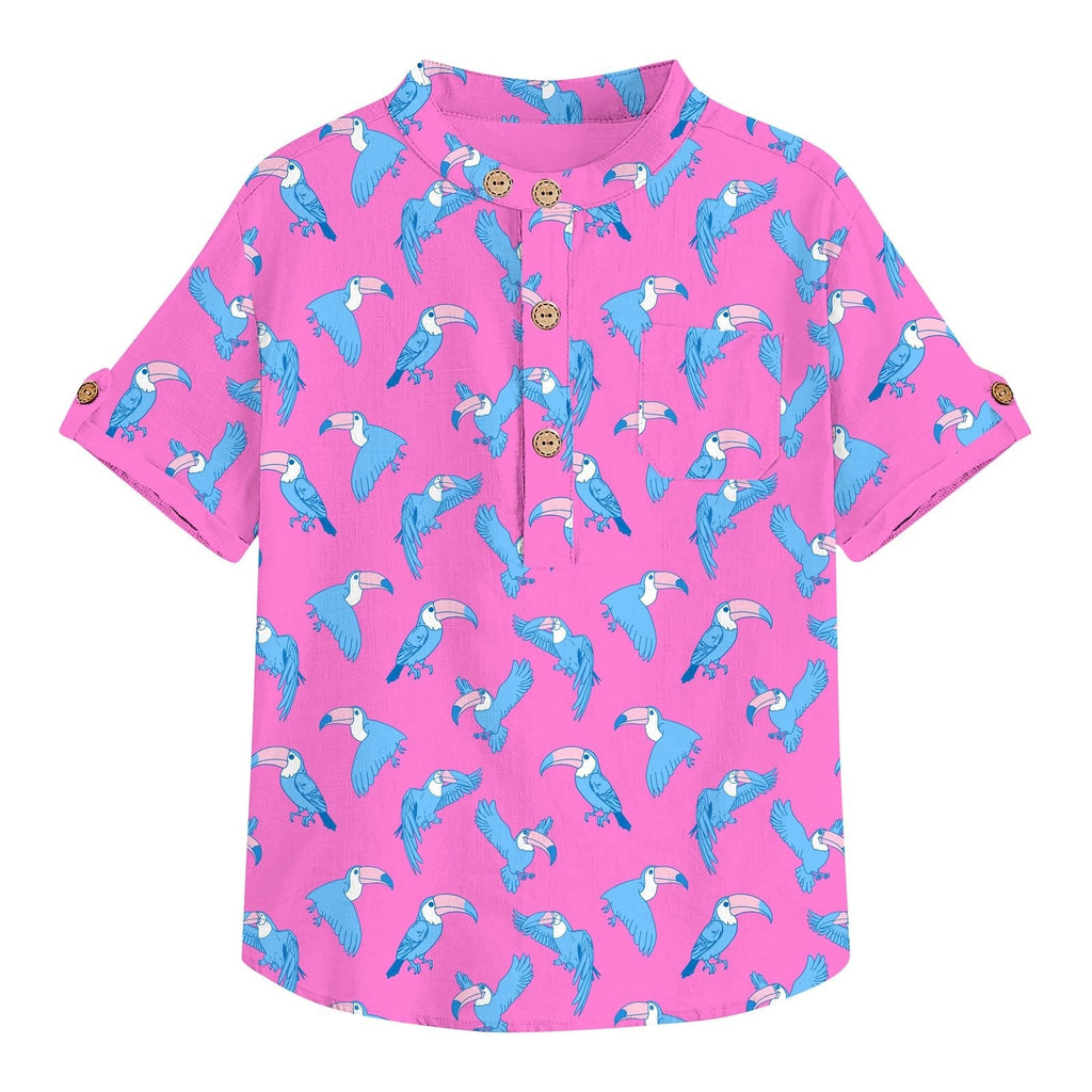 Boys Short Sleeve Button Shirt Sz 5/6 Pink Toucan Pattern New