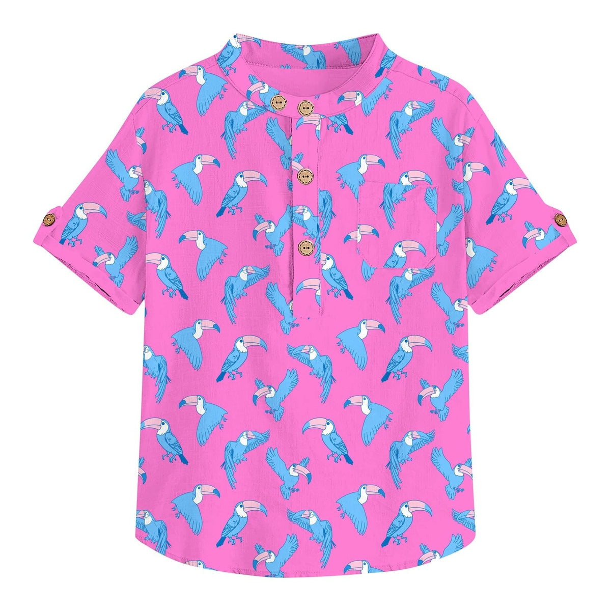 Boys Short Sleeve Button Shirt Sz 5/6 Pink Toucan Pattern New