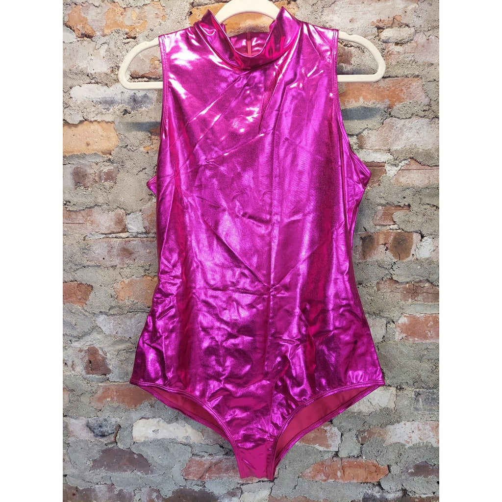 Kepbloom Womens Metallic Pink Bodysuit XL High Neck Sleeveless Leotard Zipper