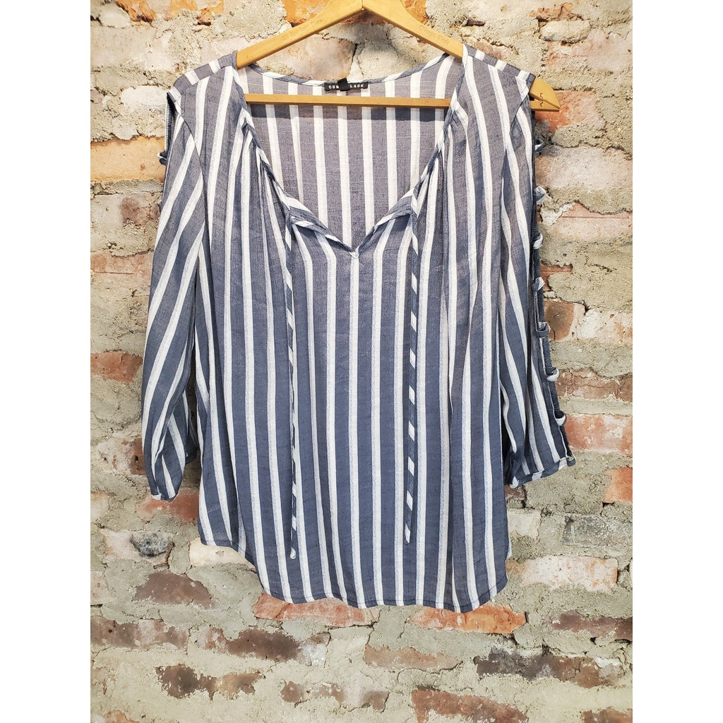 COMO BLACK Womens Blouse XL Blue White Striped V Neck Tie Front Cold Shoulder