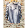 COMO BLACK Womens Blouse XL Blue White Striped V Neck Tie Front Cold Shoulder