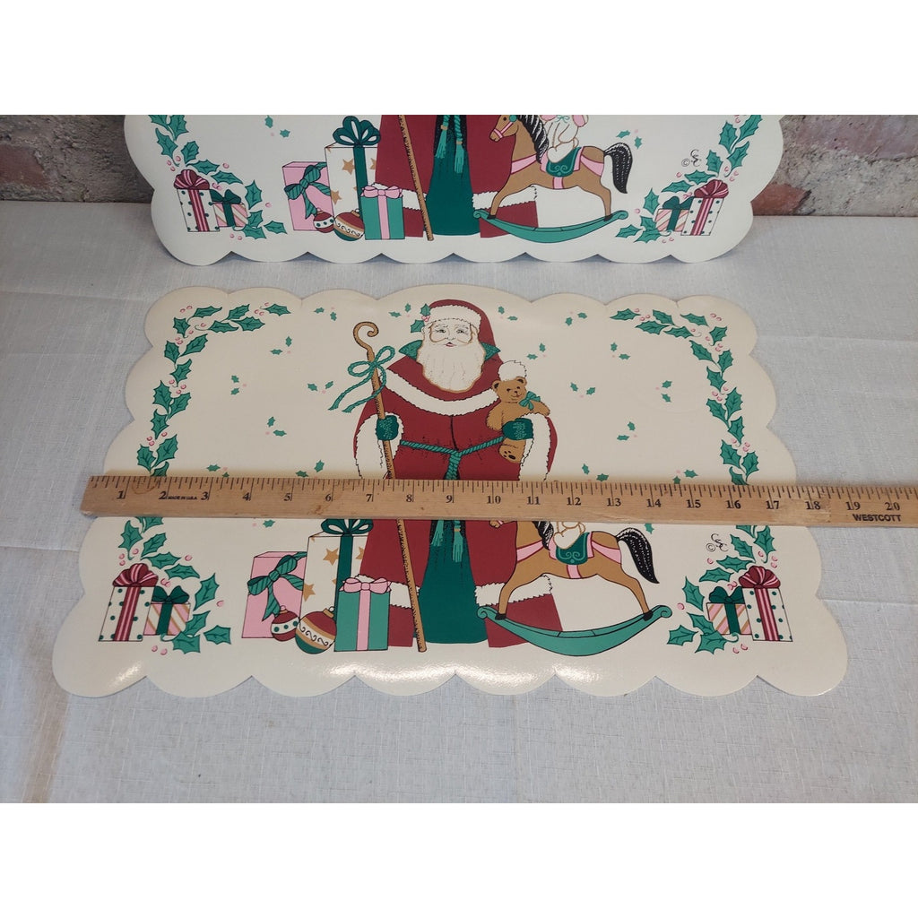Santa Claus Christmas Placemats Set of 2 Vintage Scalloped Holly Berry Holiday