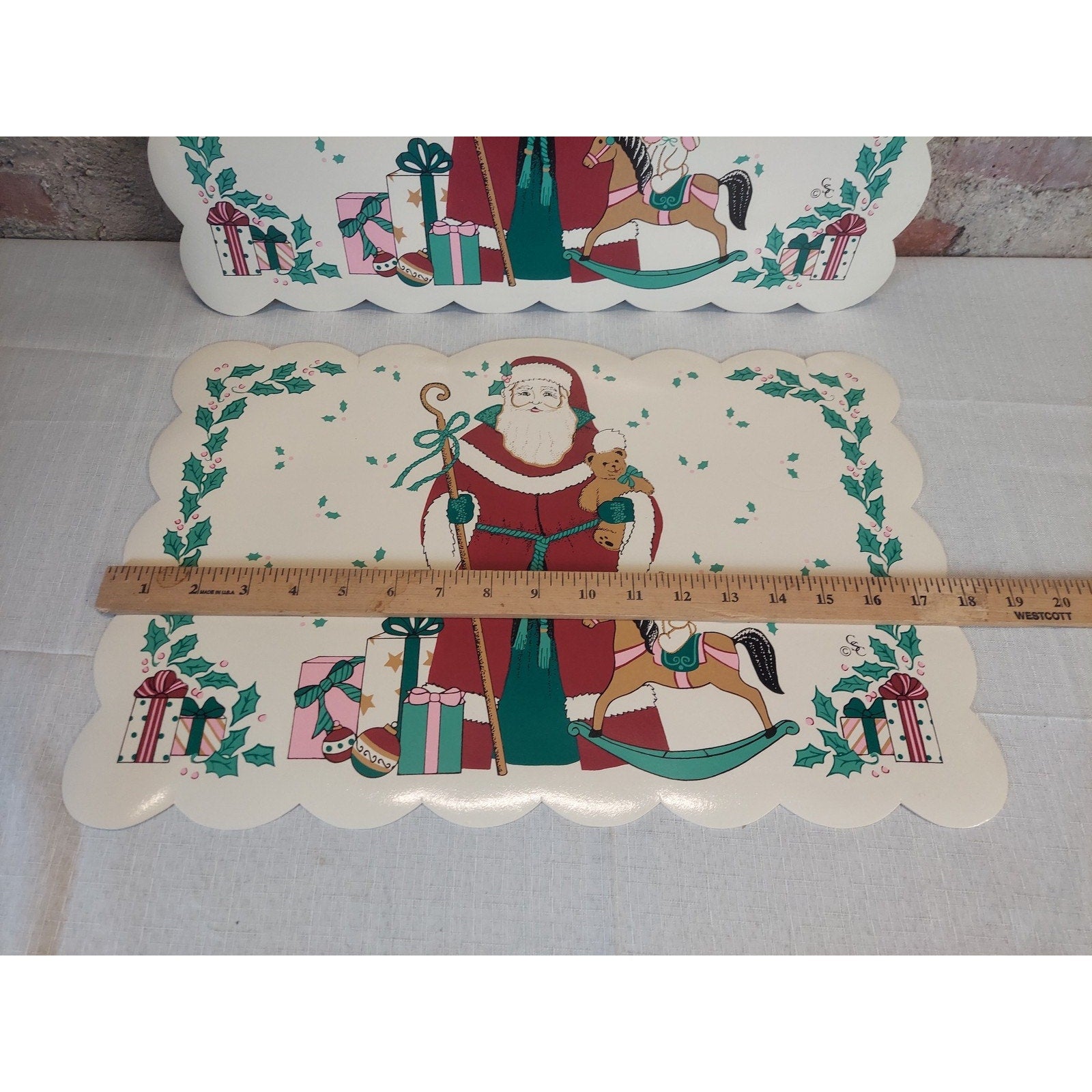 Santa Claus Christmas Placemats Set of 2 Vintage Scalloped Holly Berry Holiday