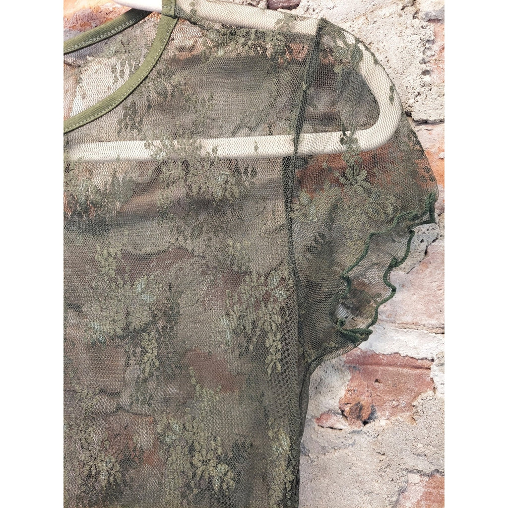 Womens Sheer Lace Floral Top L Olive Green Short Sleeve Ruffle Crewneck