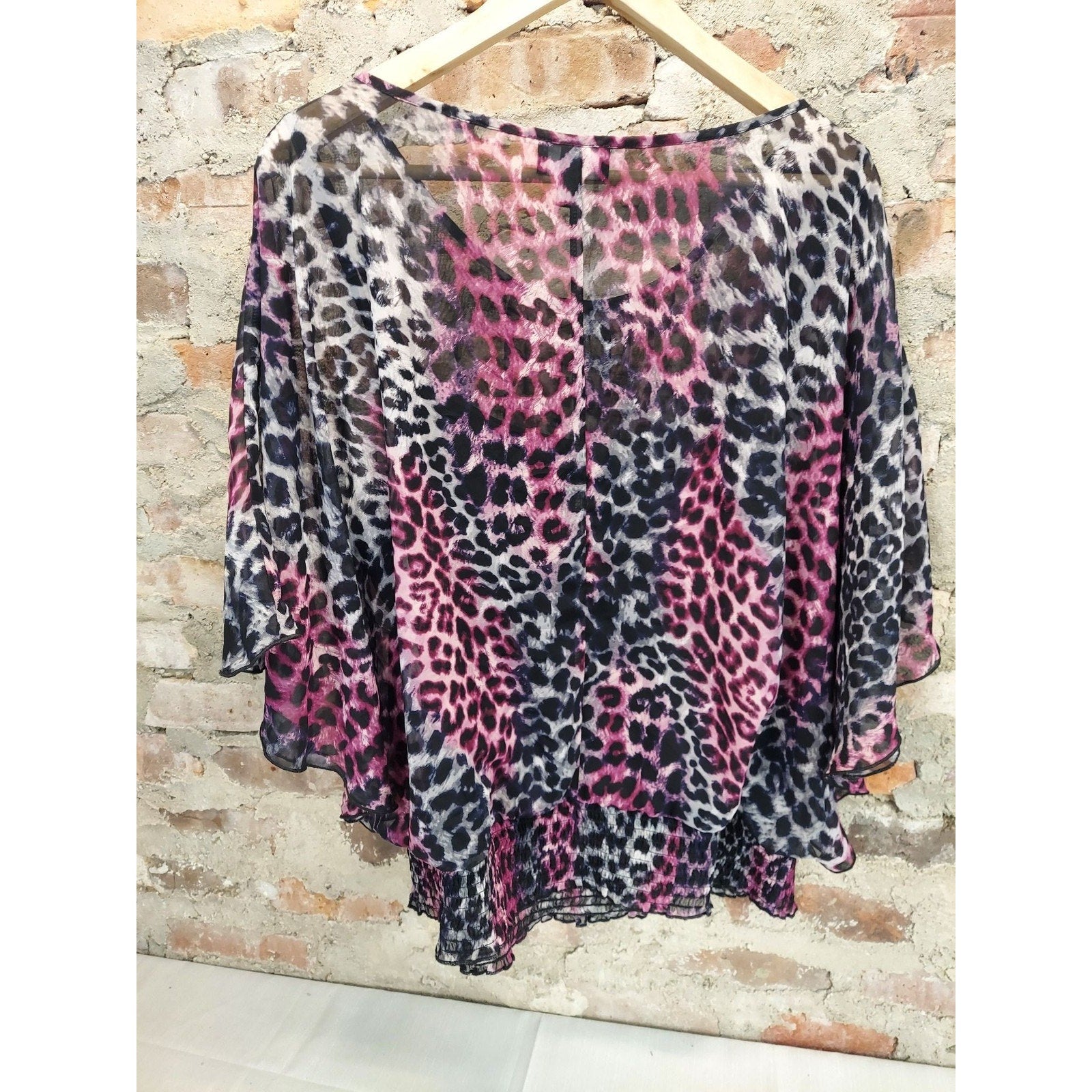 IZ Byer Womens Blouse Top 1X Plus Pink Leopard Animal Print Sheer Dolman