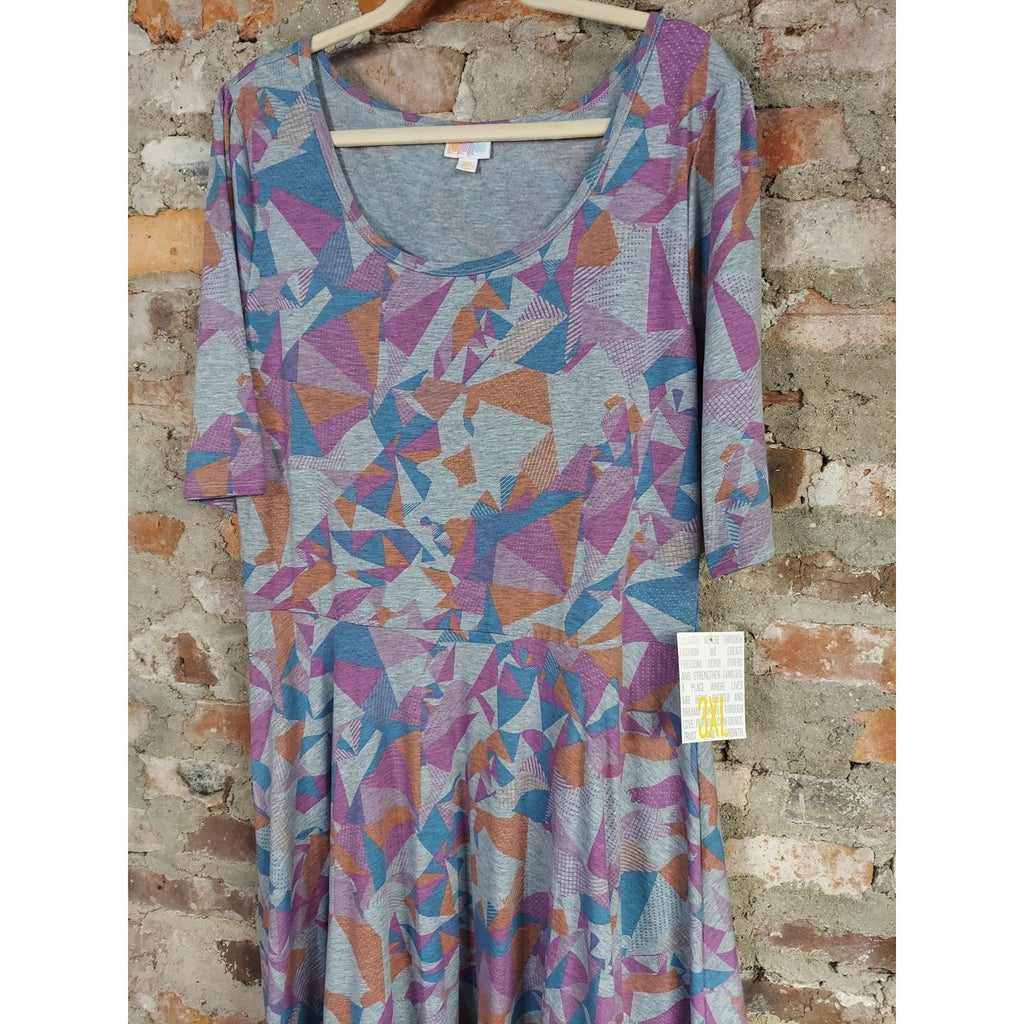 LuLaRoe Womens Swing Dress 3XL Gray Multicolor Geometric Pattern Half Sleeve