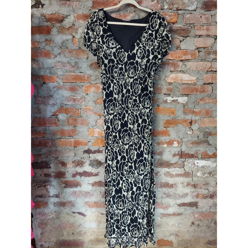 Womens Black White Floral Maxi Dress Short Sleeve V Neck Empire Waist