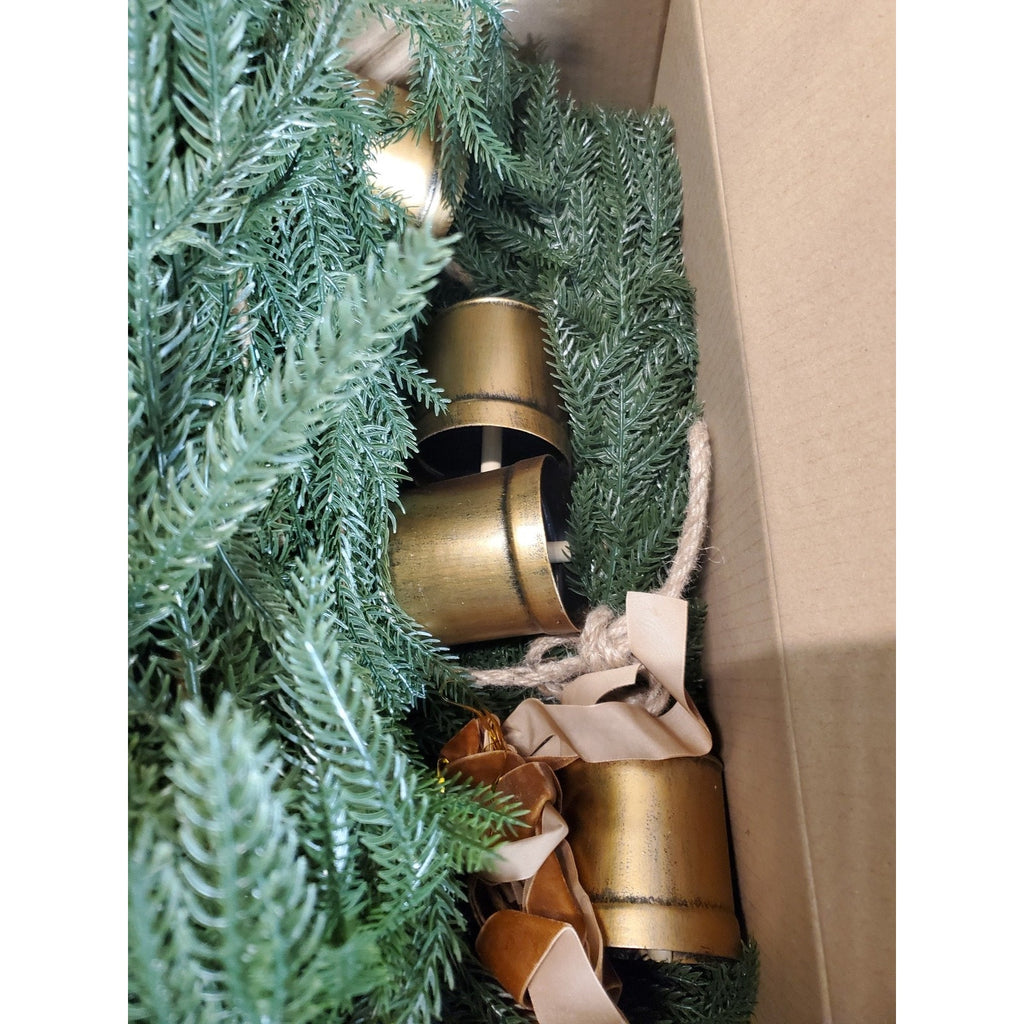 Christmas Garland Artificial Faux Pine Large Golden Bells Rustic Farmhouse Decor
