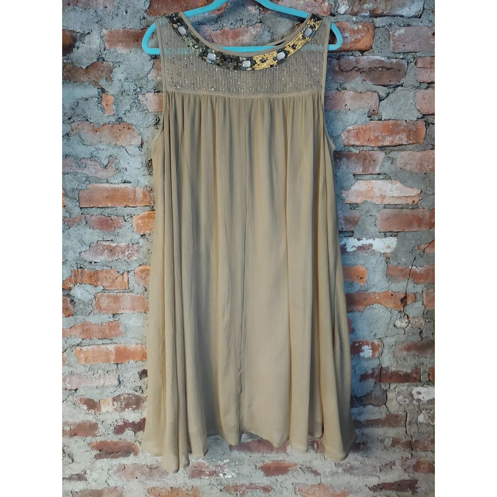 Lane Bryant Womens Plus Dress 18/20 Tan Embellished Neck Beaded Cocktail